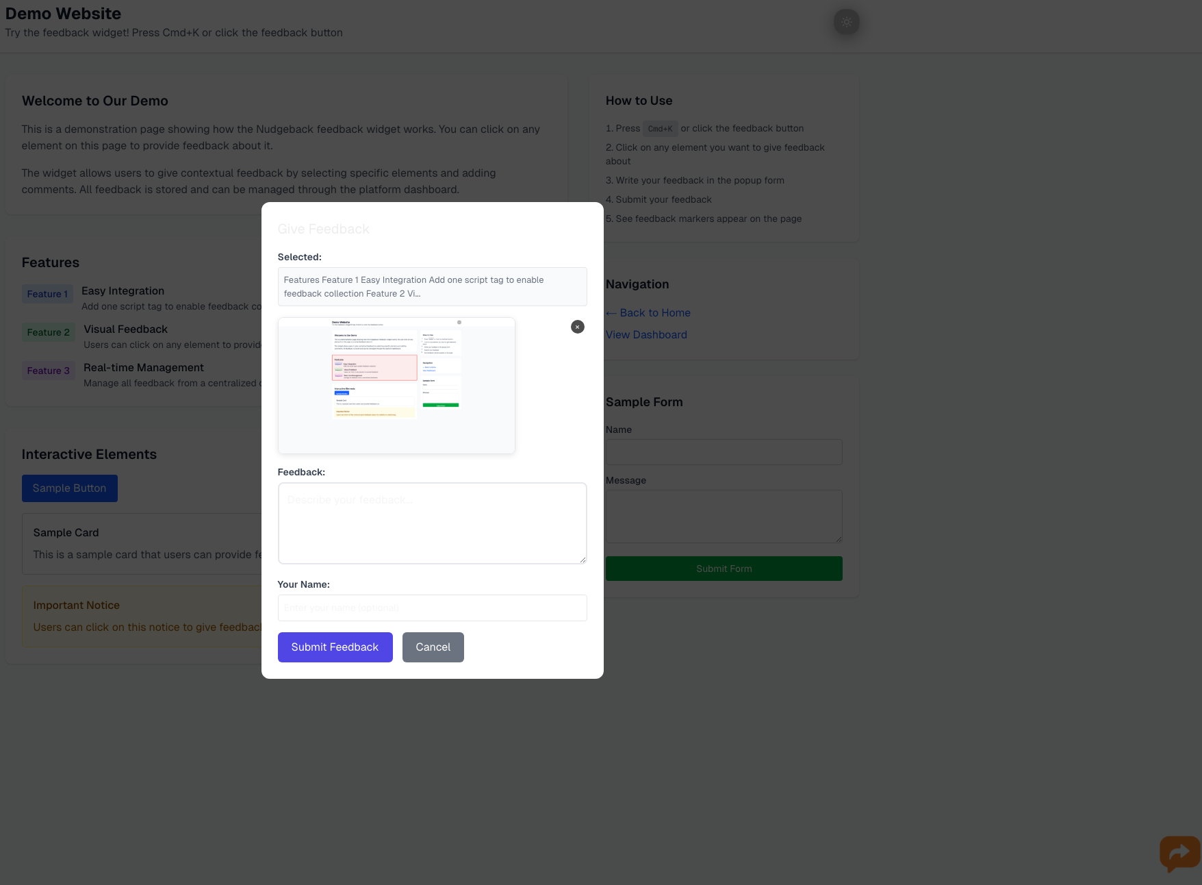 Feedback modal with screenshot